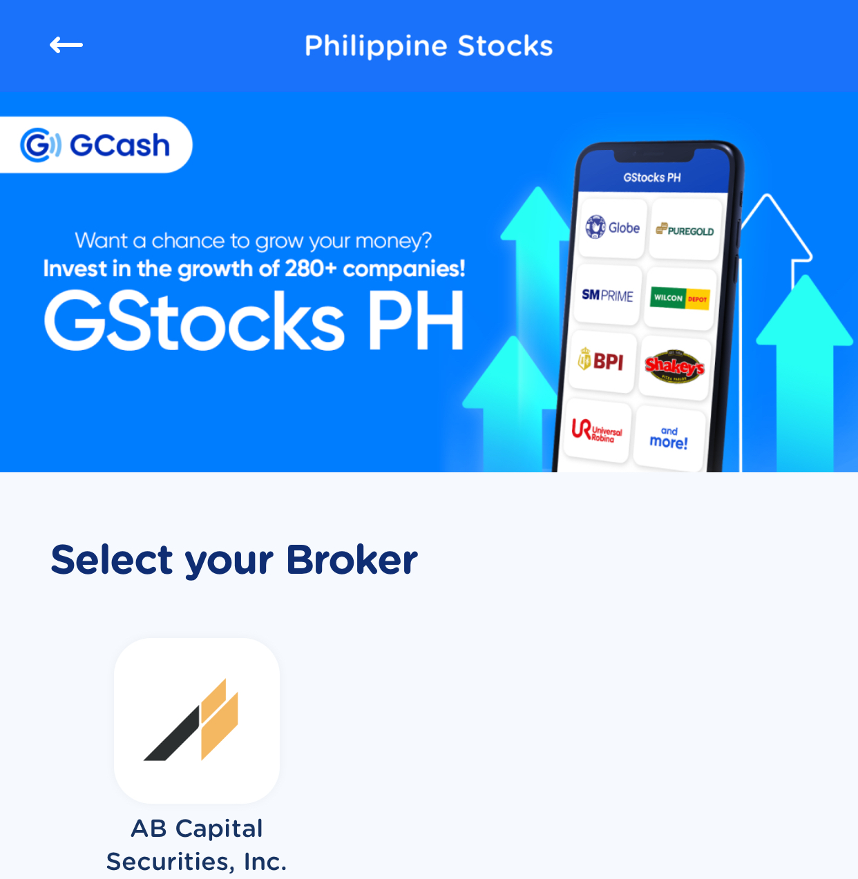 Screen on the app showing GStocks PH GCash AB Capital